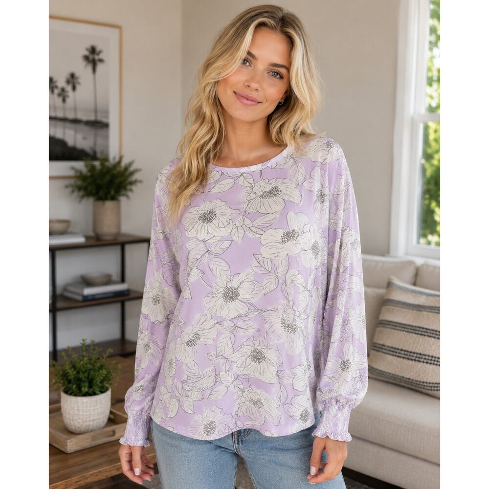 Cabi Woman Med Blouse Sheer Floral Poppy White Purple
